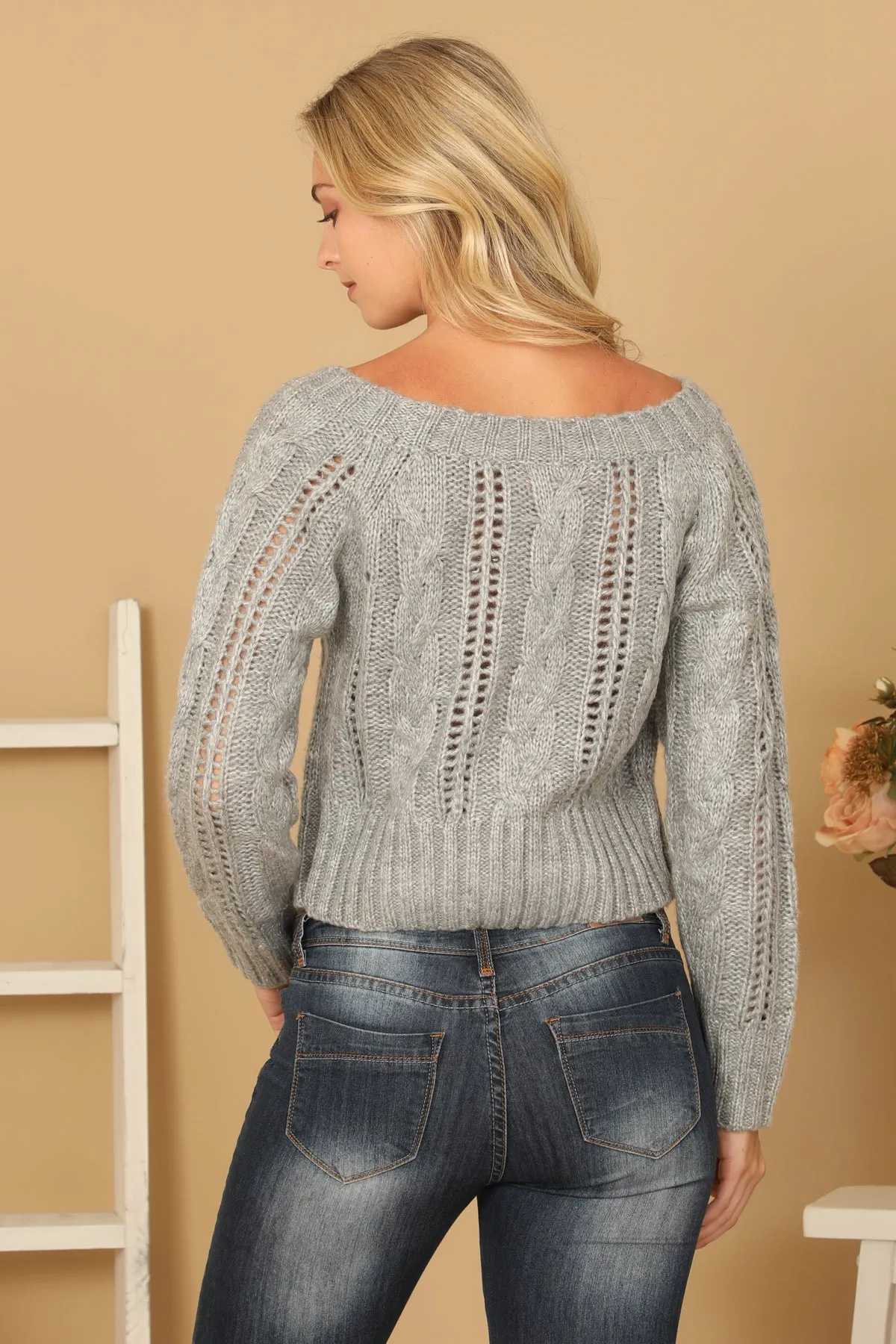 CHUNKY CABLE KNIT OFF SHOULDER CROP SWEATER 3-3