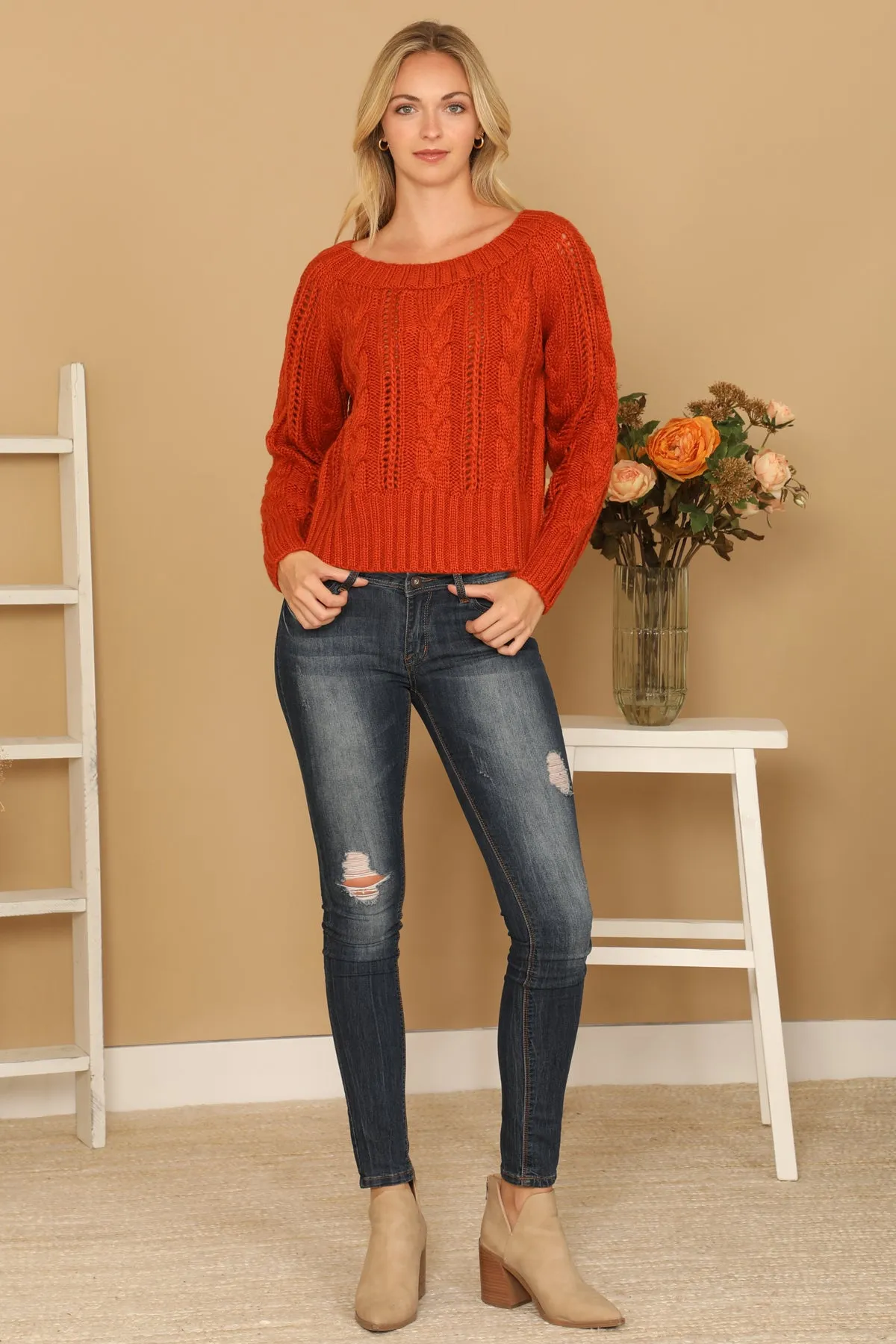 CHUNKY CABLE KNIT OFF SHOULDER CROP SWEATER 3-3