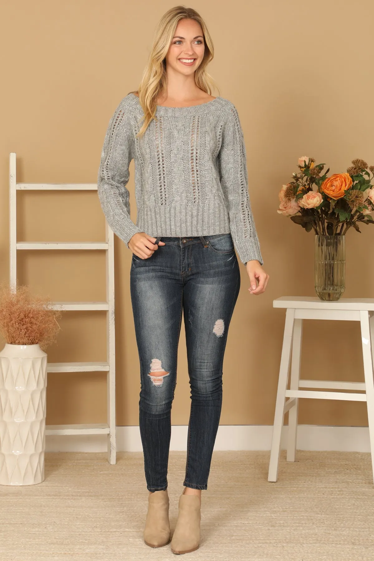 CHUNKY CABLE KNIT OFF SHOULDER CROP SWEATER 3-3