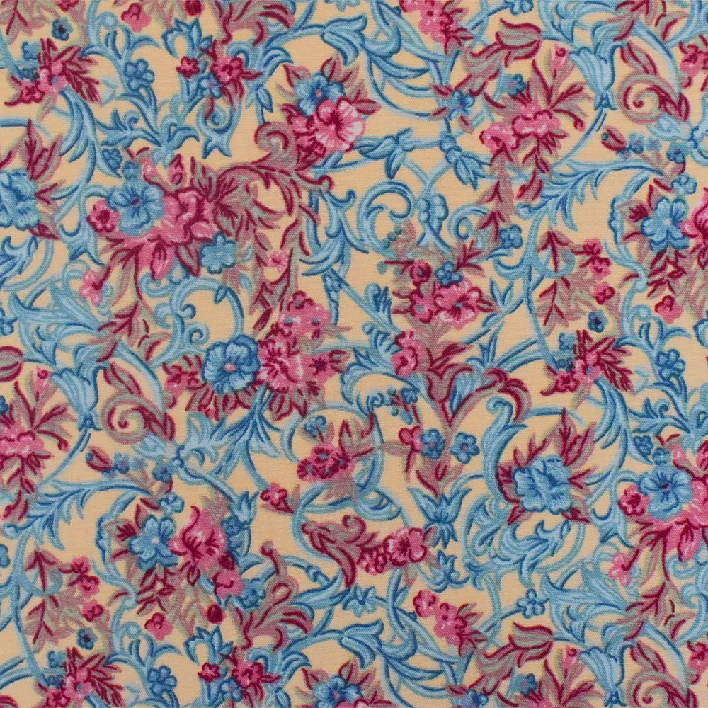 Cream Beige-Blue-Multi Floral Printed Poly Poplin Woven Fabric