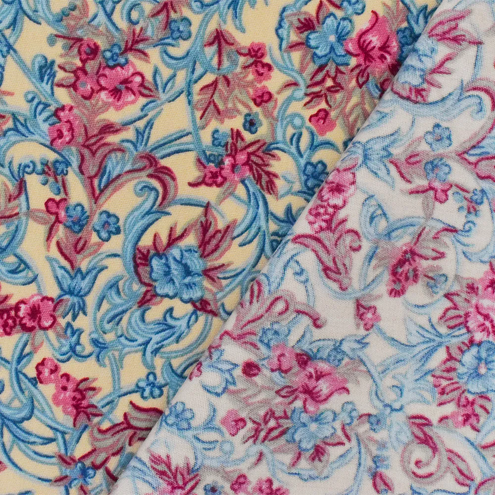 Cream Beige-Blue-Multi Floral Printed Poly Poplin Woven Fabric