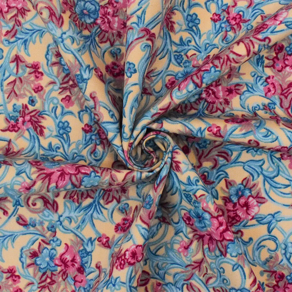 Cream Beige-Blue-Multi Floral Printed Poly Poplin Woven Fabric