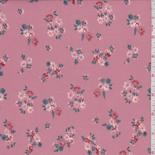 Dark Dusty Pink Floral Cluster Double Brushed Jersey Knit Fabric