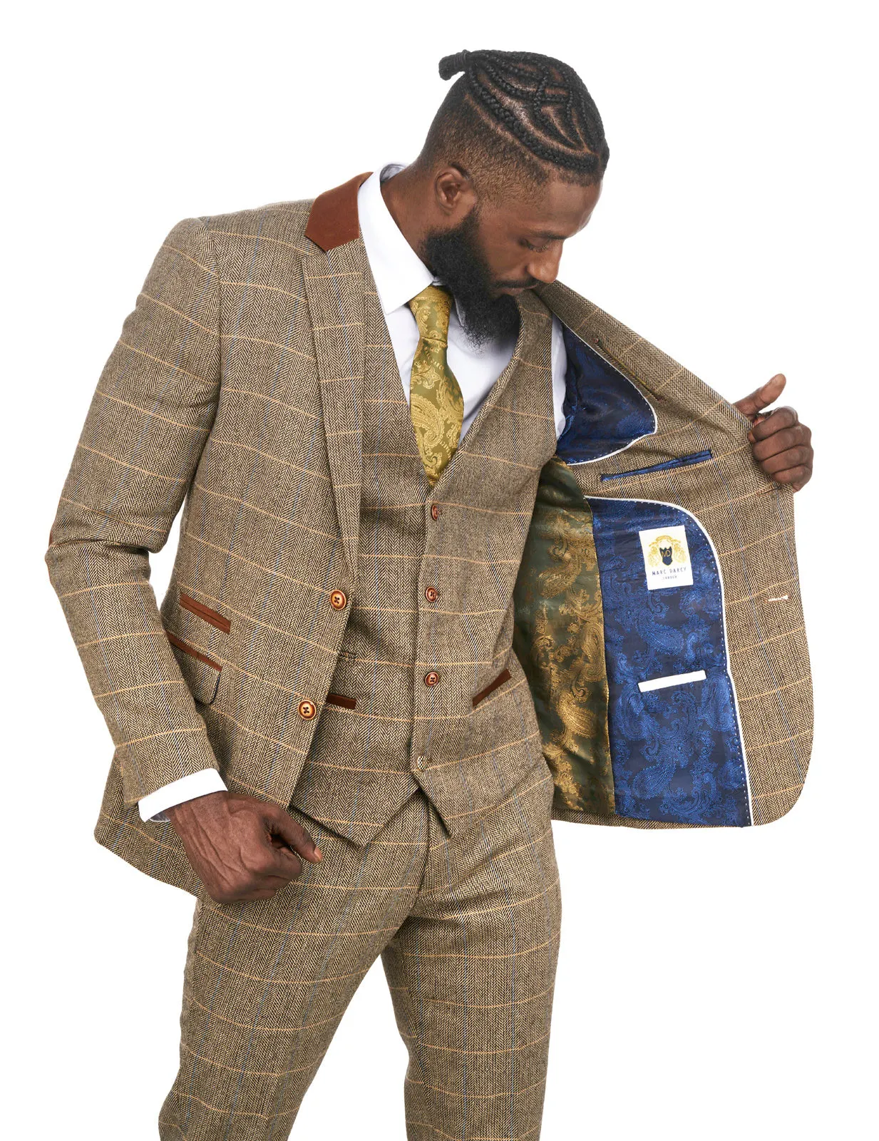 DX7 Tan Tweed Check Three Piece Wedding Suit | Check Suit | Wedding Wear | Office Wear