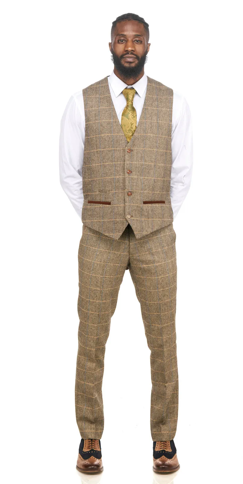 DX7 Tan Tweed Check Three Piece Wedding Suit | Check Suit | Wedding Wear | Office Wear