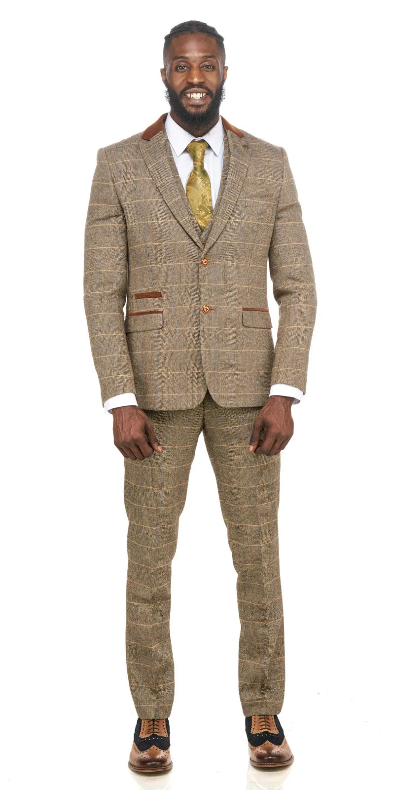 DX7 Tan Tweed Check Three Piece Wedding Suit | Check Suit | Wedding Wear | Office Wear