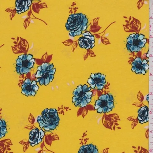 Golden Yellow/Blue Floral Cluster Double Brushed Jersey Knit Fabric