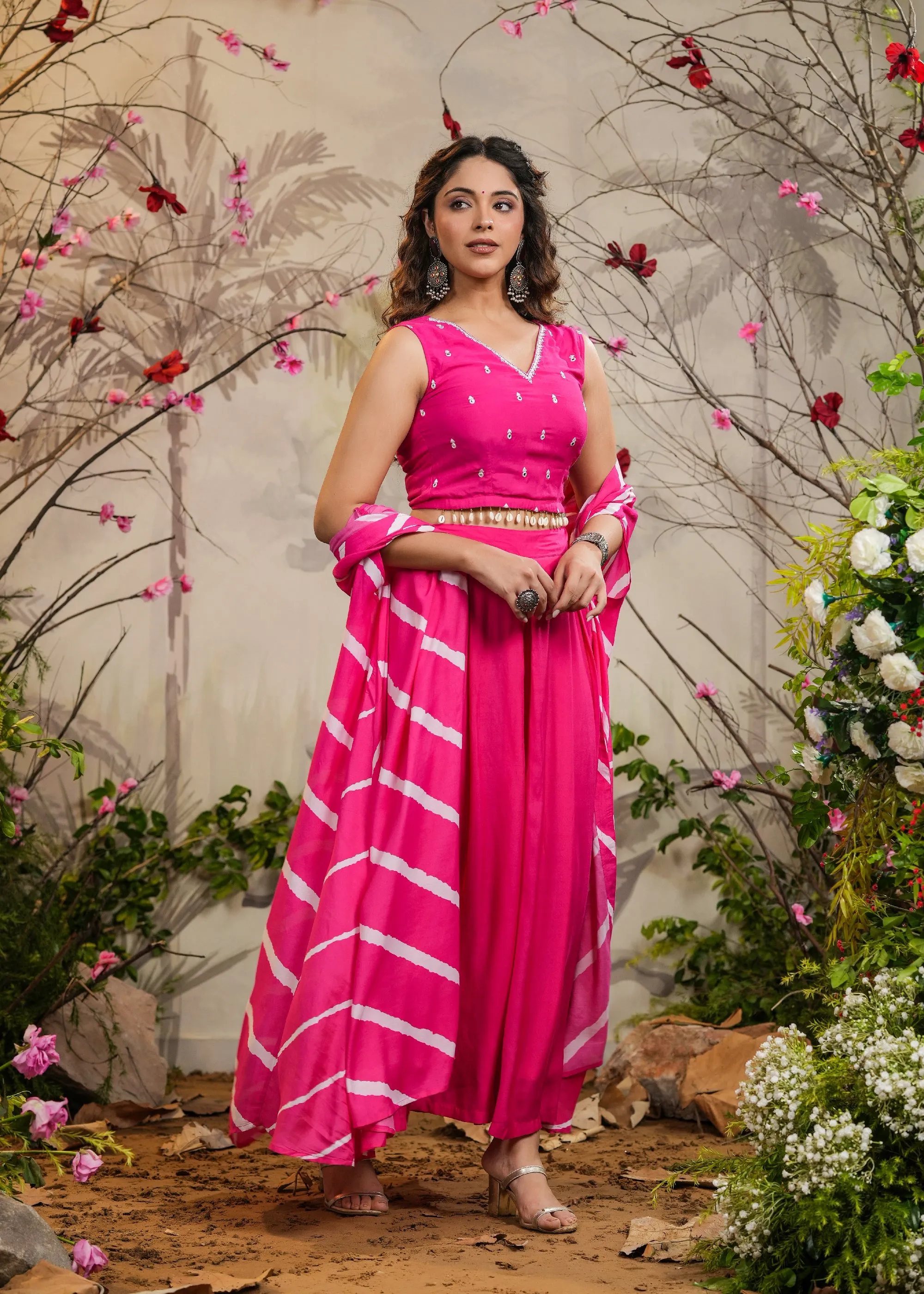 Gulaal Pink Solid Palazzo With Top & Lehariya Cape