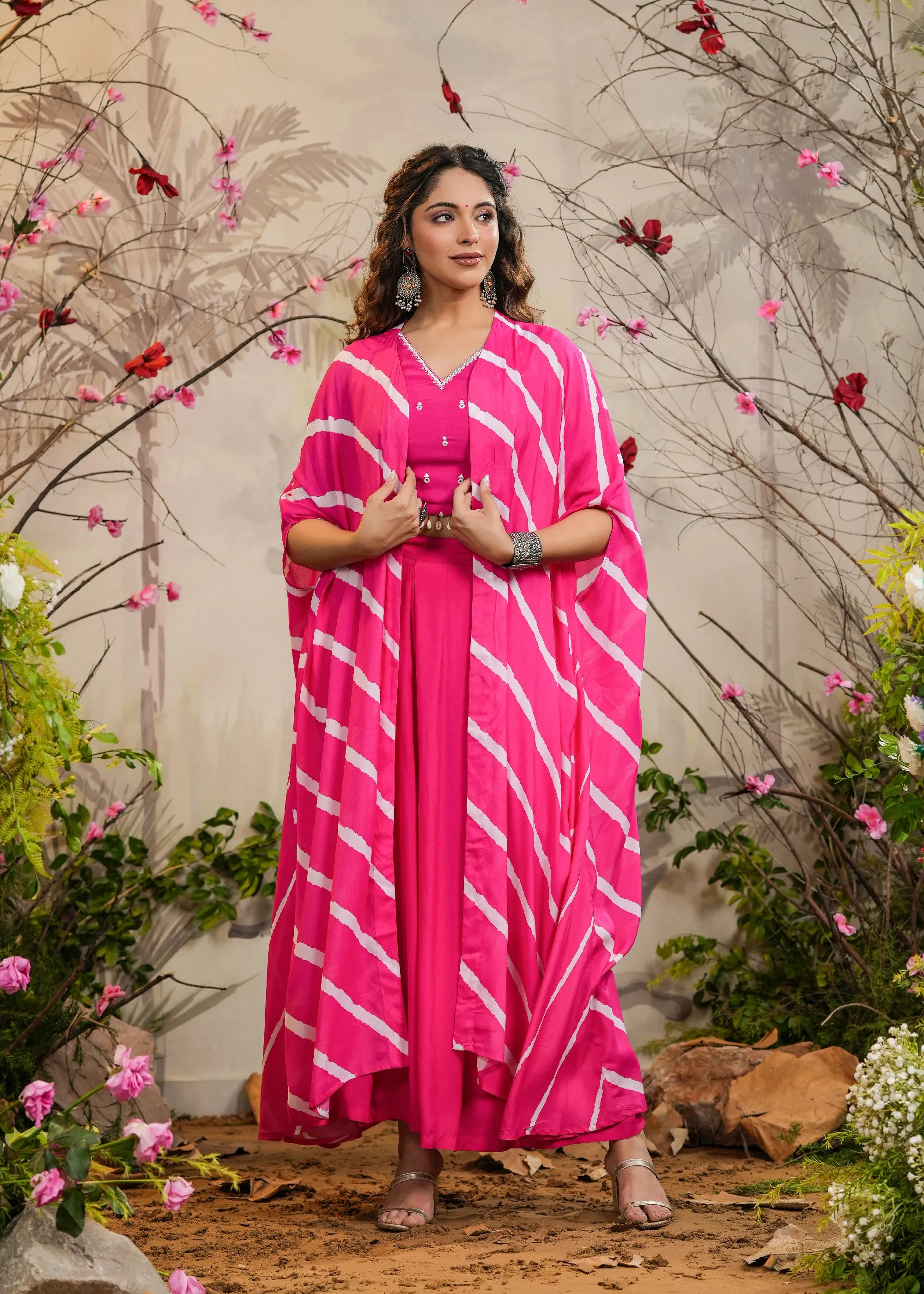 Gulaal Pink Solid Palazzo With Top & Lehariya Cape