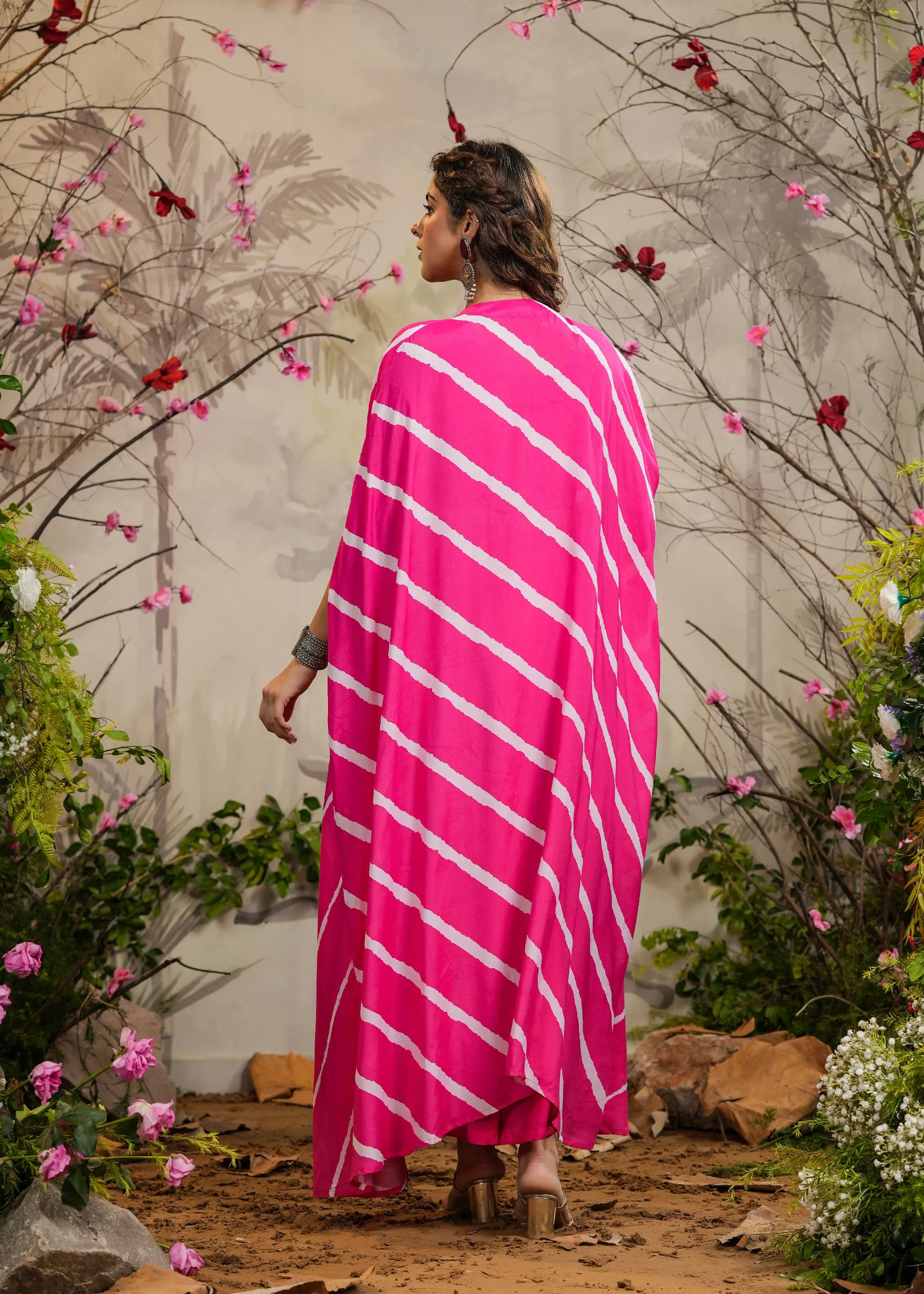 Gulaal Pink Solid Palazzo With Top & Lehariya Cape