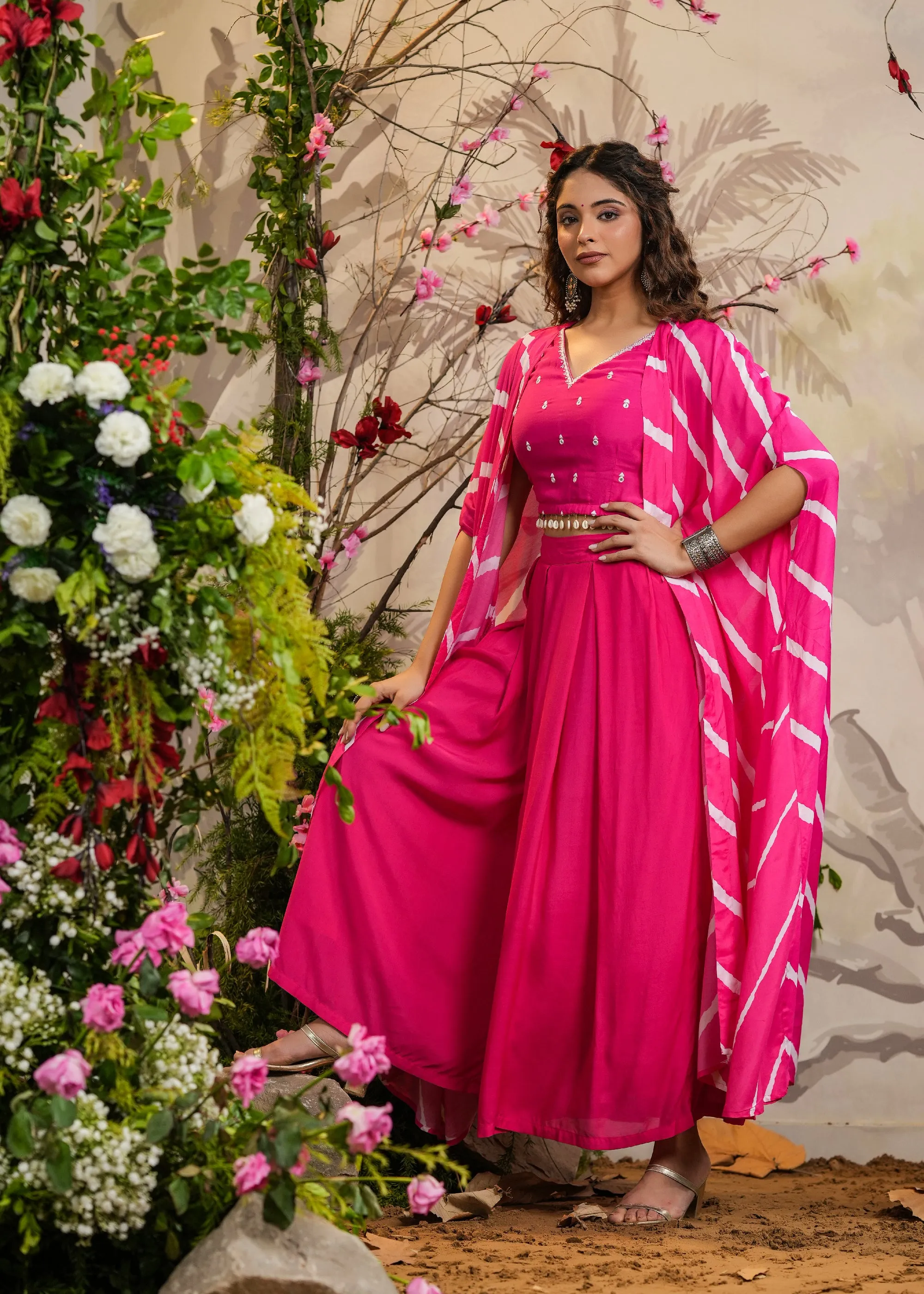 Gulaal Pink Solid Palazzo With Top & Lehariya Cape