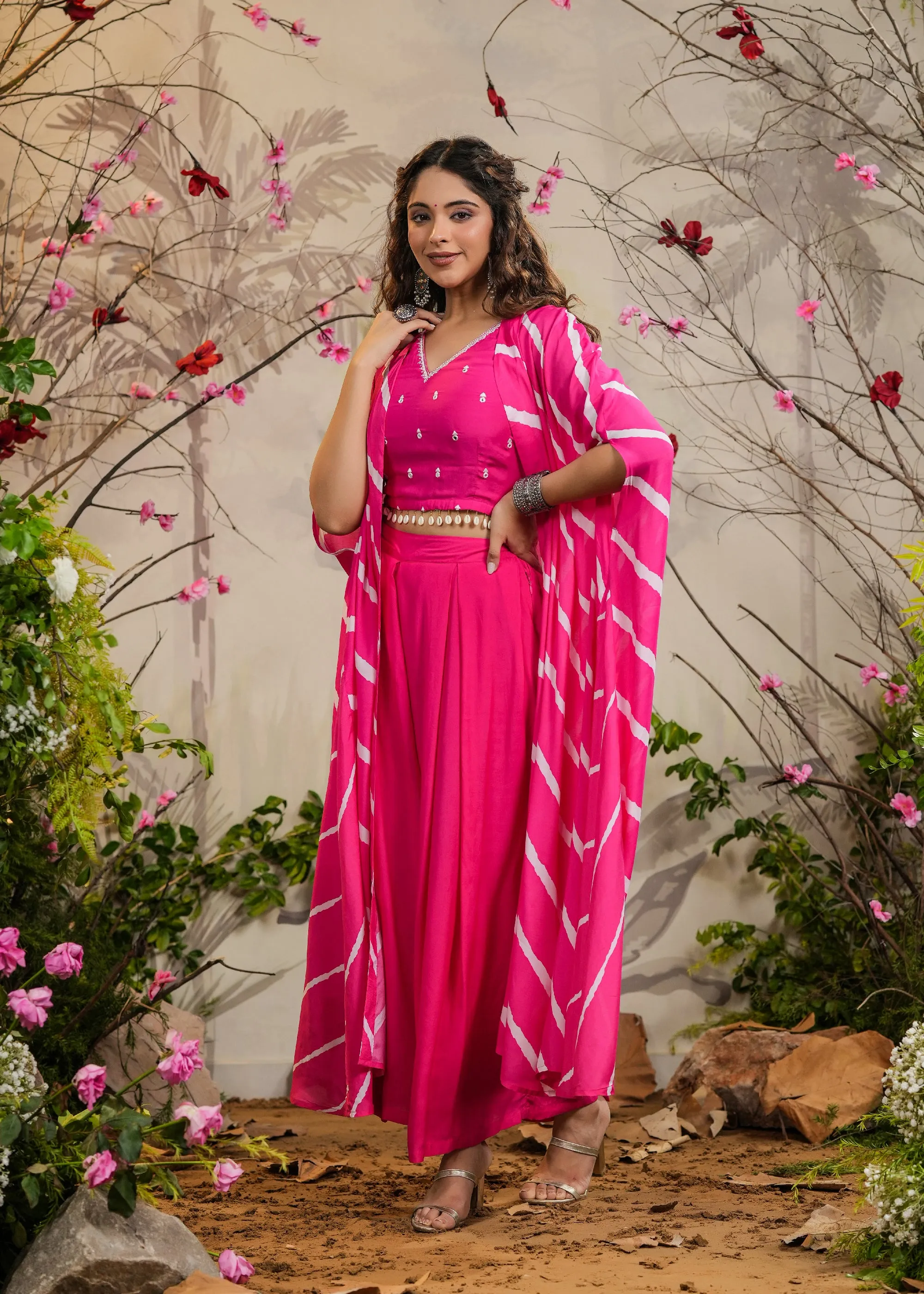 Gulaal Pink Solid Palazzo With Top & Lehariya Cape