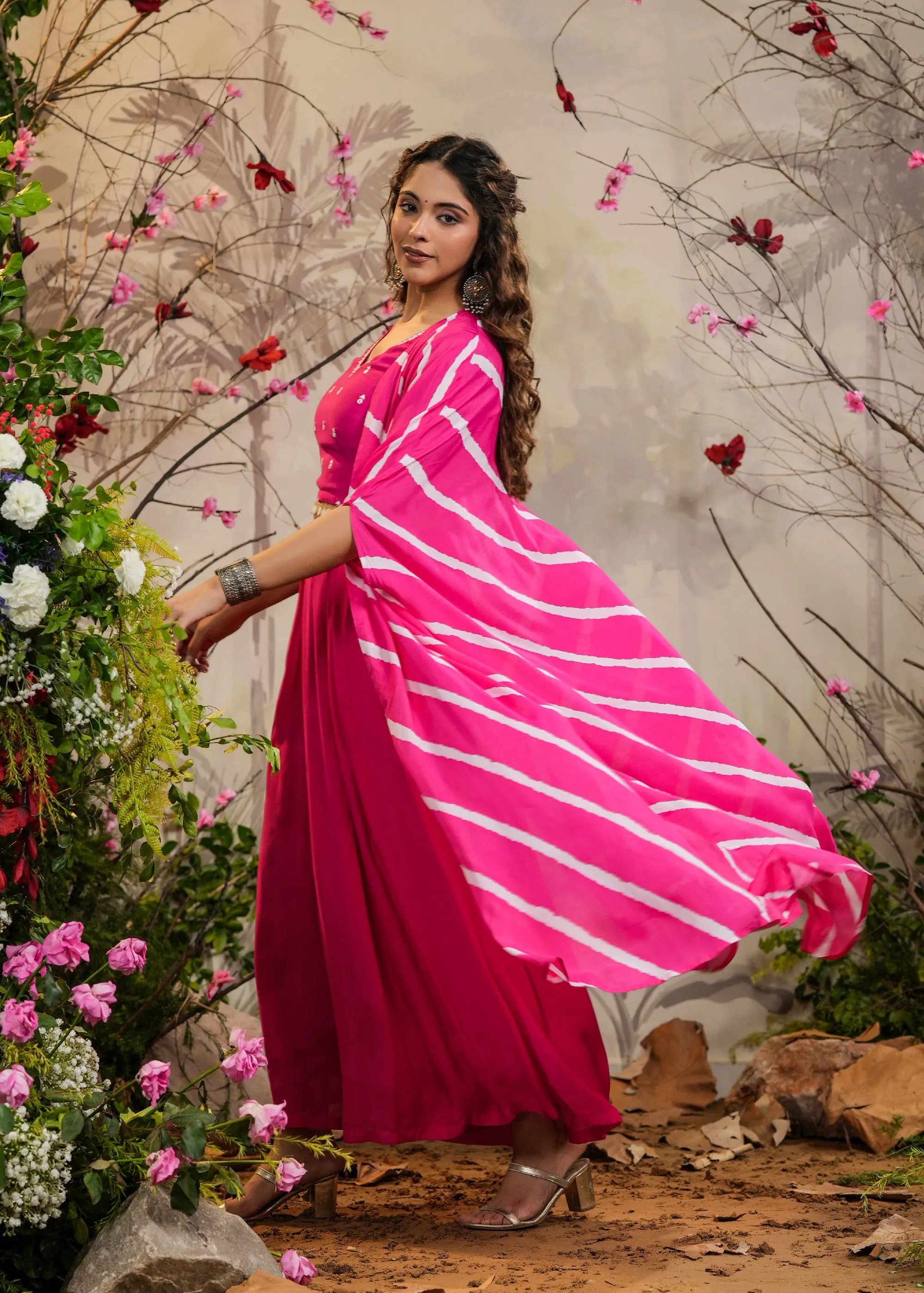 Gulaal Pink Solid Palazzo With Top & Lehariya Cape