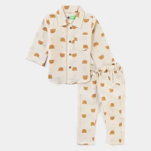 Infant Boys Yarn Dyed Woven Suit F/S Bear Print-Off White