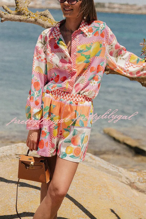 Leisurely Outings Summer Fruit Print Loose Long Sleeve Shirt and Elastic Waist Pocket Shorts Set