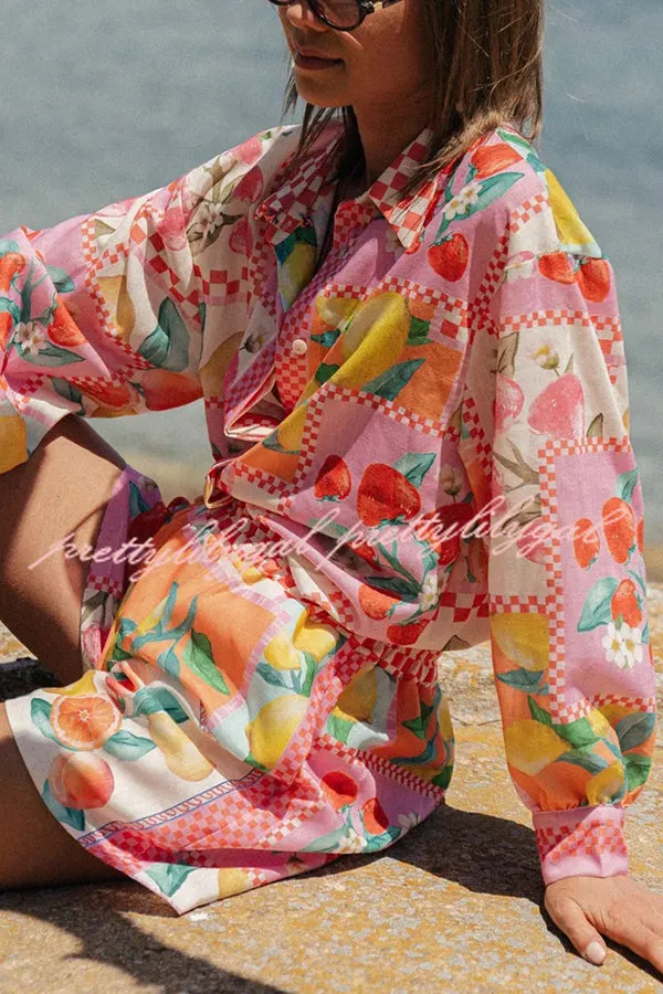 Leisurely Outings Summer Fruit Print Loose Long Sleeve Shirt and Elastic Waist Pocket Shorts Set