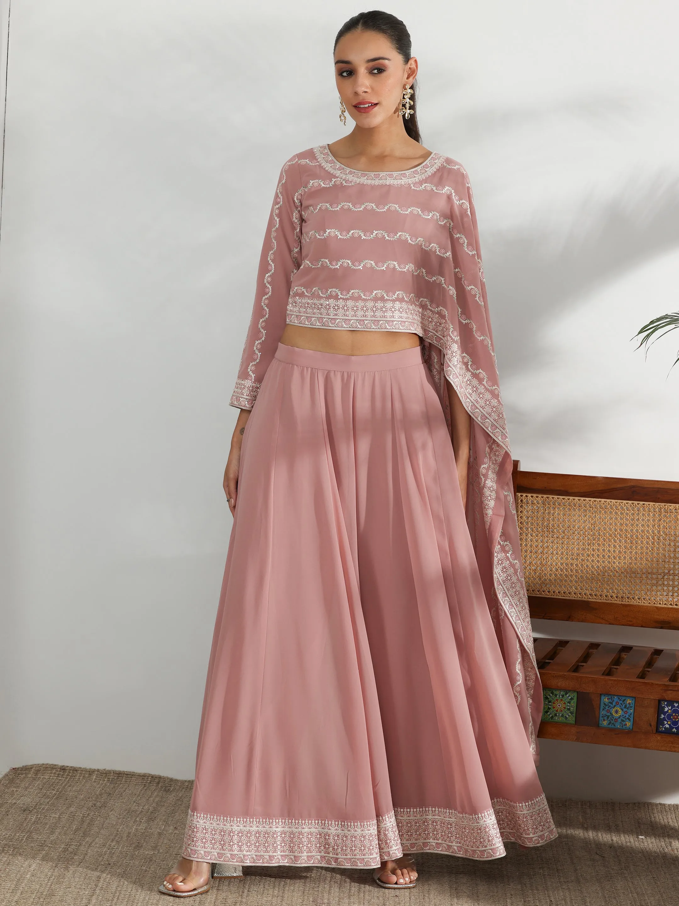 Libas Art Pink Embroidered Georgette Co-Ords