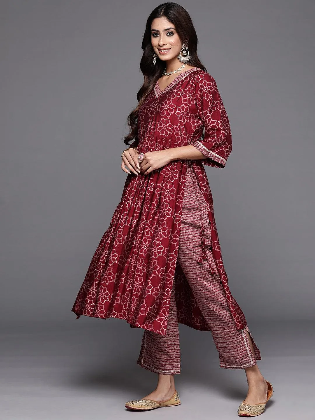 Maroon Printed Silk Blend A-Line Kurta With Trousers & Dupatta