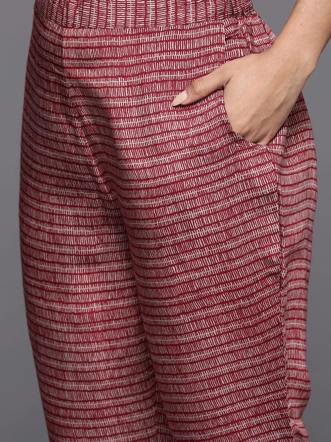 Maroon Printed Silk Blend A-Line Kurta With Trousers & Dupatta