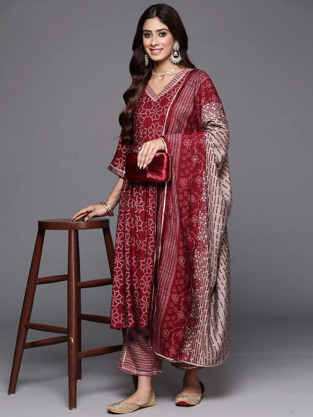 Maroon Printed Silk Blend A-Line Kurta With Trousers & Dupatta