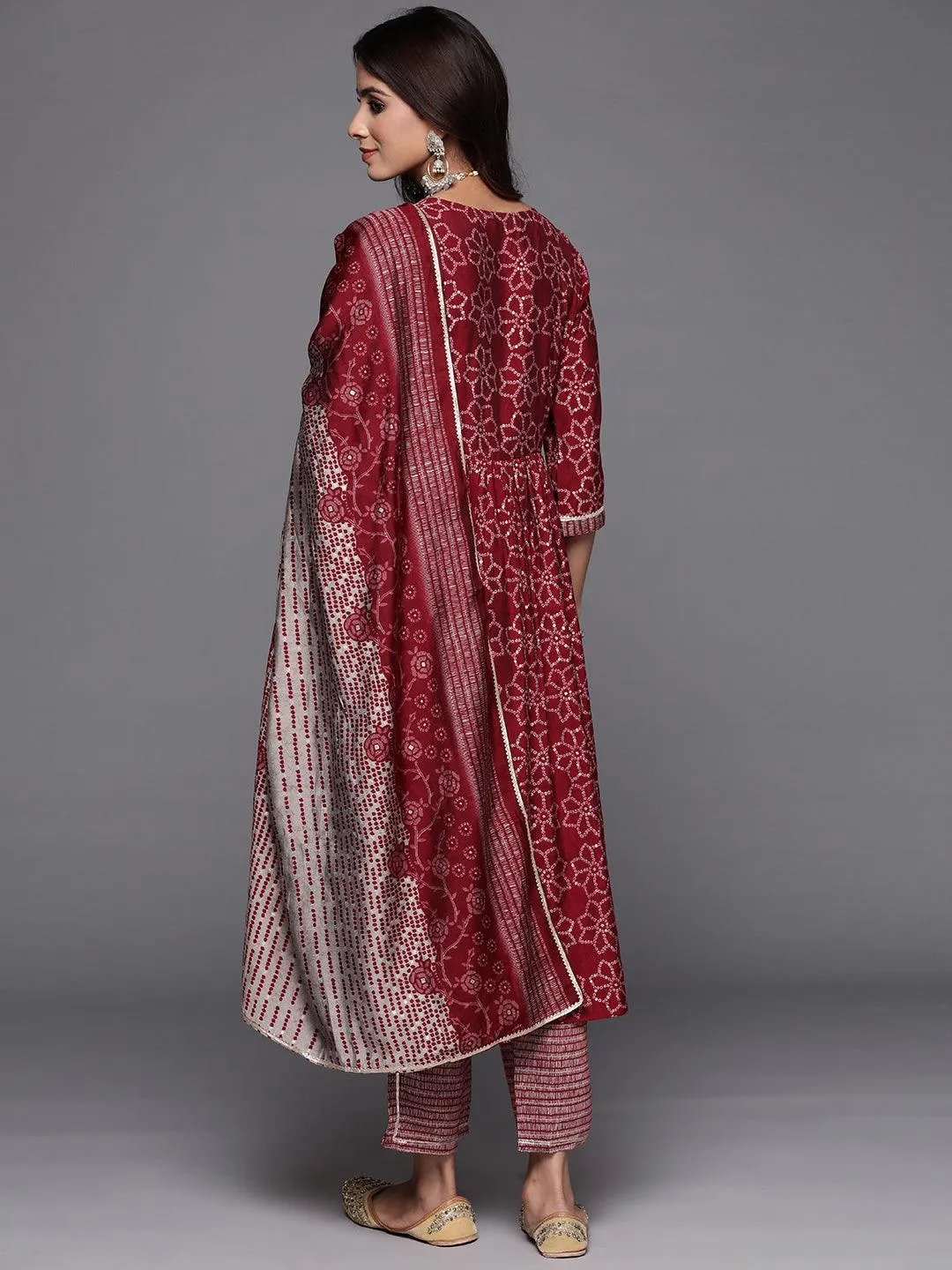 Maroon Printed Silk Blend A-Line Kurta With Trousers & Dupatta