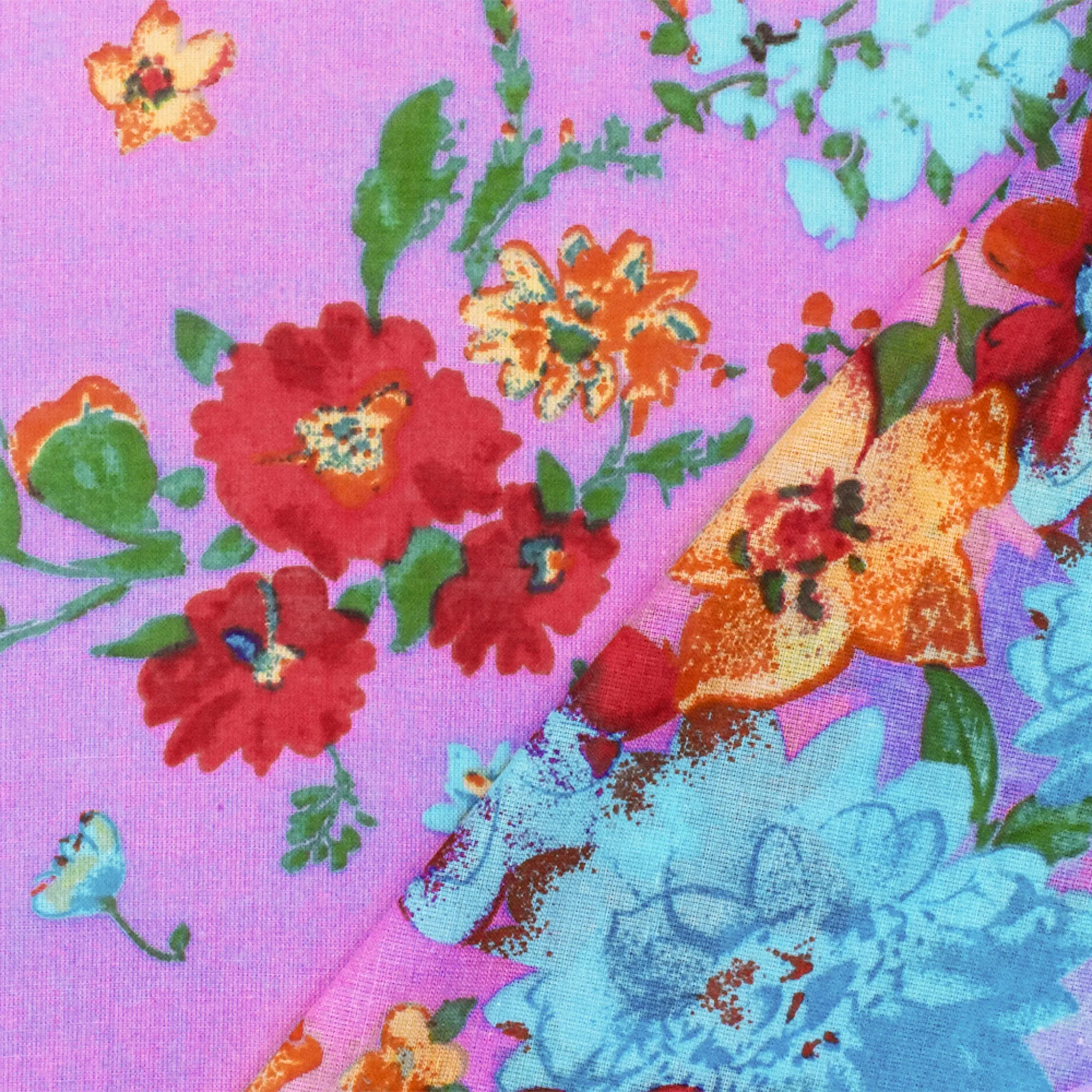 Purple-Green-Multi Floral Printed Cotton Voile Woven Fabric