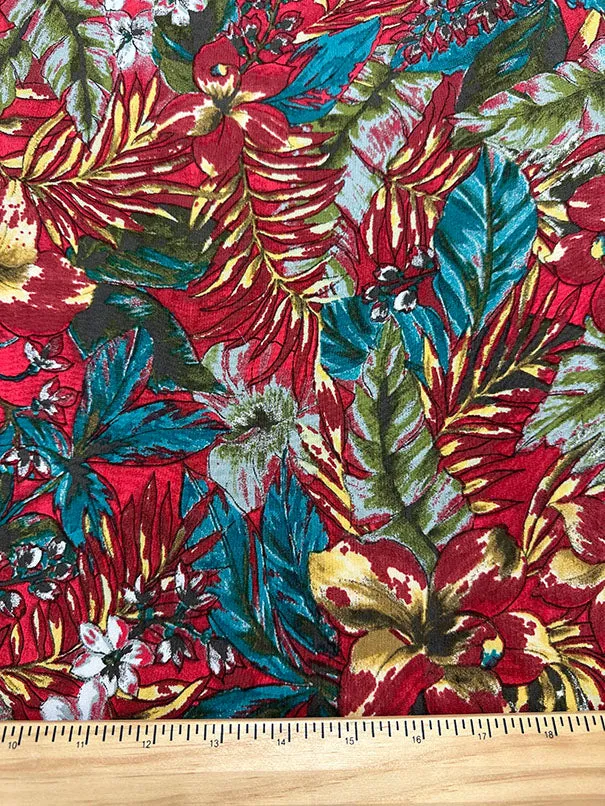 Red Multi Palm Print Rayon Challis Fabric