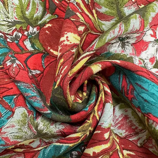 Red Multi Palm Print Rayon Challis Fabric