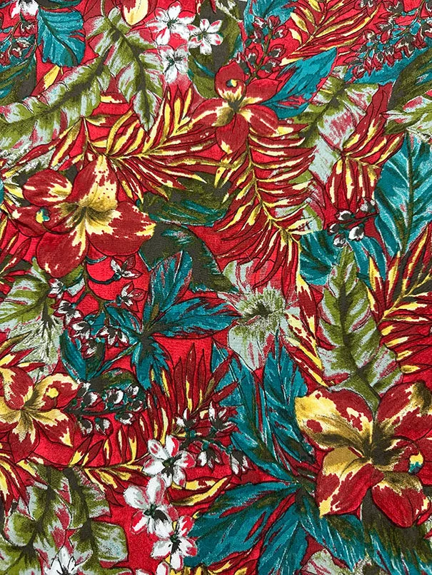 Red Multi Palm Print Rayon Challis Fabric