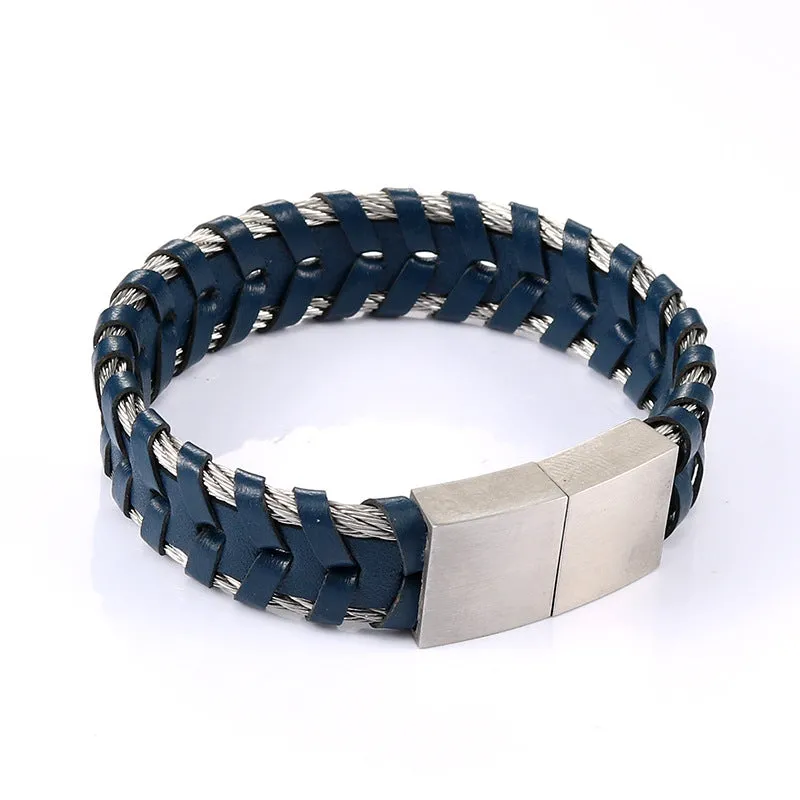 Stylish Titanium Steel and Leather Rope Bracelet for Men - Retro Personalized Jewelry