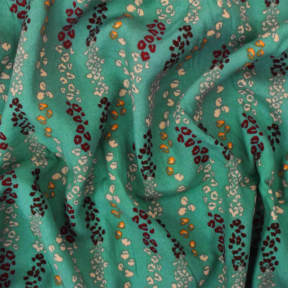 Teal-Brown-Multi Mini Cheetah Stripe Printed Rayon Challis Woven Fabric