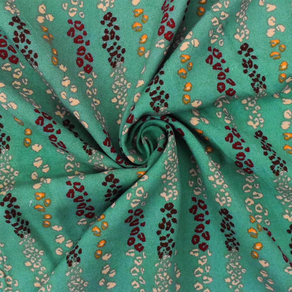 Teal-Brown-Multi Mini Cheetah Stripe Printed Rayon Challis Woven Fabric