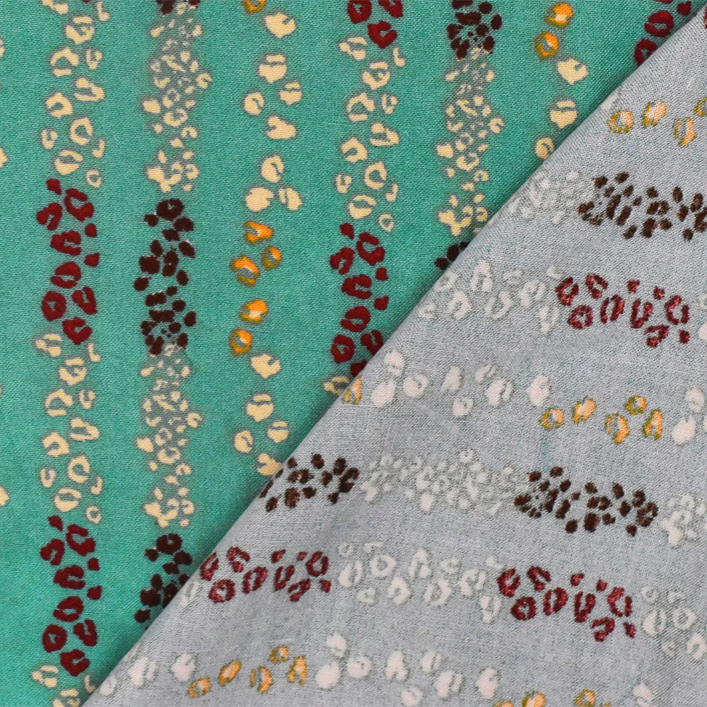 Teal-Brown-Multi Mini Cheetah Stripe Printed Rayon Challis Woven Fabric