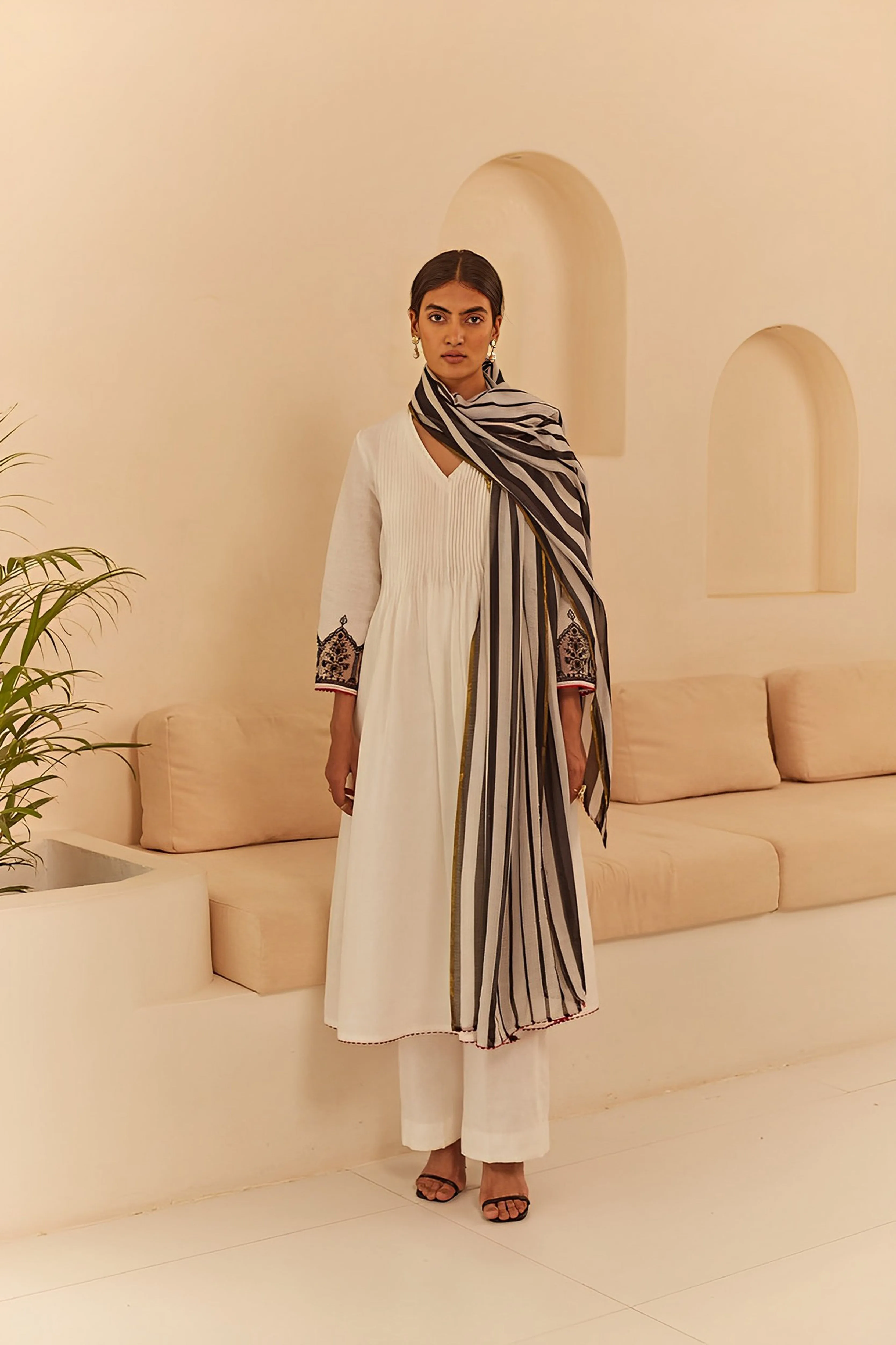 White Pleated Suit Set with Striped Dupatta