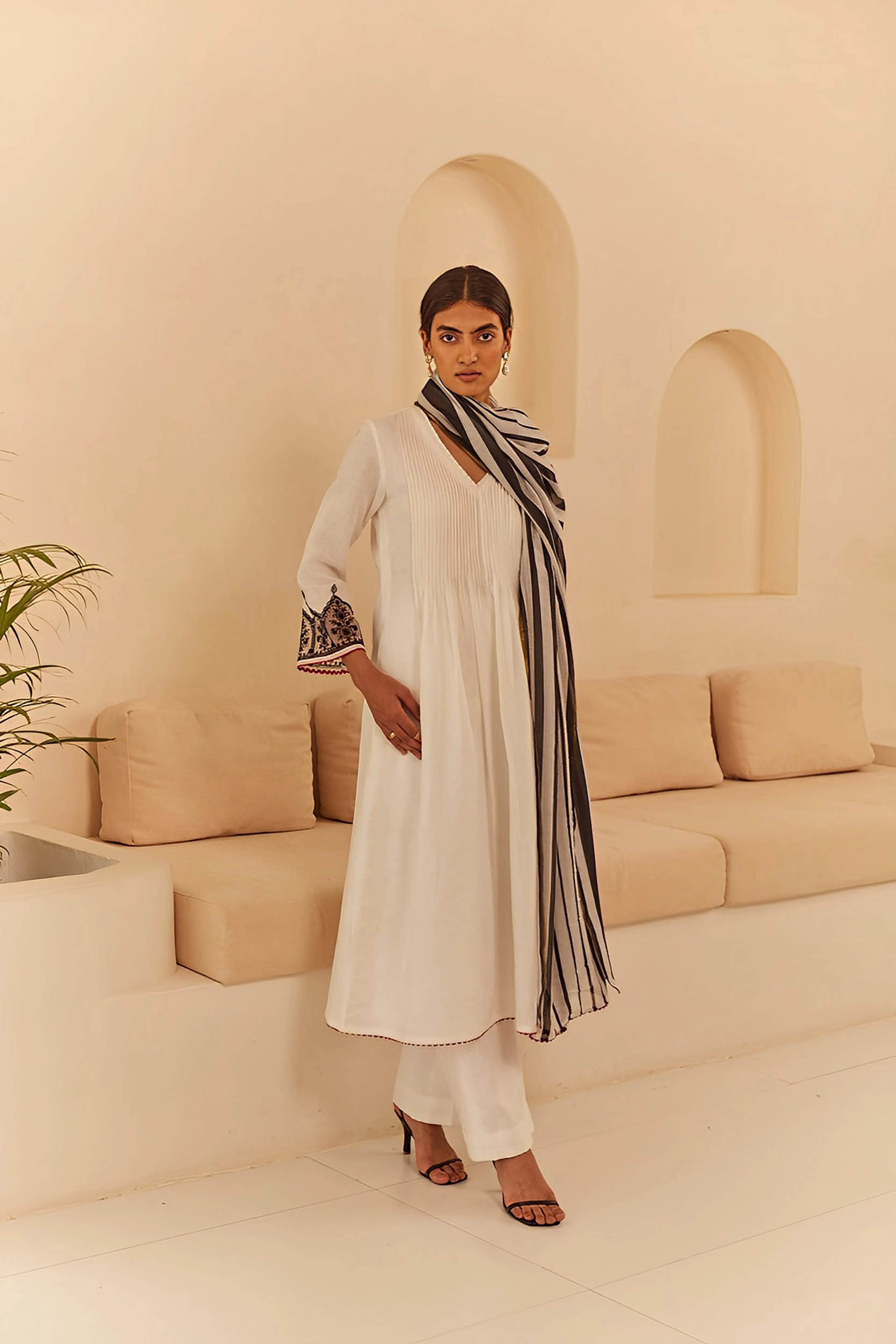 White Pleated Suit Set with Striped Dupatta